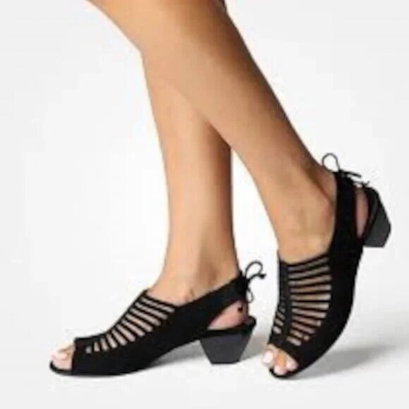 PAUL GREEN NWOB Talia Black Suede Cut Out Caged Slingback Sandals - Picture 1 of 9